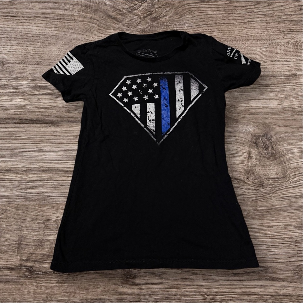 Grunt Style Black Tee with Blue and White Shield Design
